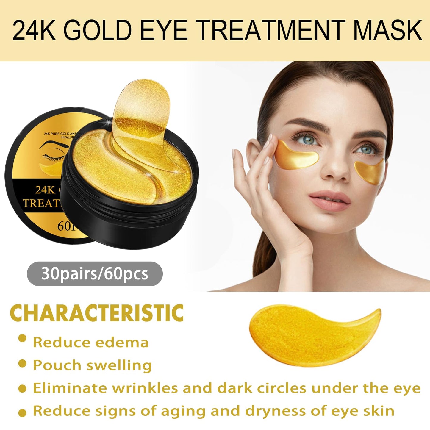 24K Gold Eye Mask, Collagen Eye Patches, Under Eye Gel Patches, Eye Masks for Puffy Eyes Dark Circles Bags Wrinkles Remover for Adults Women Men, Hydrating, Golden Pads 60PCS