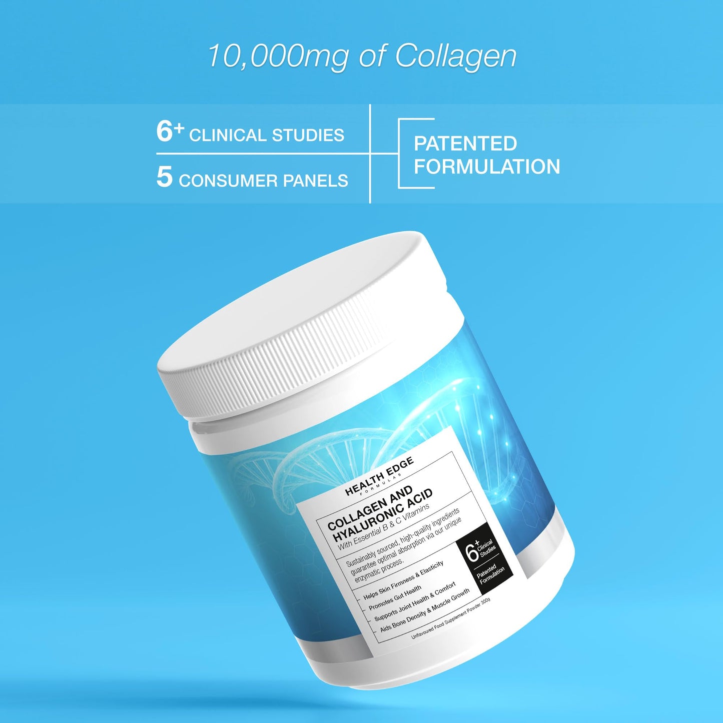 Collagen with Hyaluronic Acid - High Strength 10,000mg - Plus 9 Vitamins - for Skin, Hair, Nails, Gut Health, Bones, Muscles & Joints. Sustainably Sourced. No Additives. Made in UK