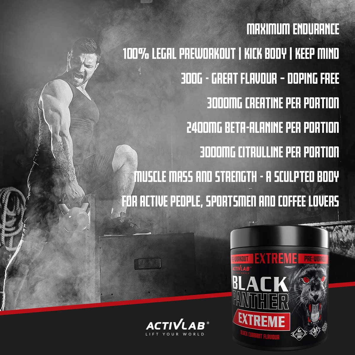 Activlab Black Panther Extreme 300g, Pre Workout Powder Energy, Physical Performance with Citrulline, Creatine, Beta Alanine, Caffeine, VIT B, HMB, 300g, 15 Servings (Black Currant)