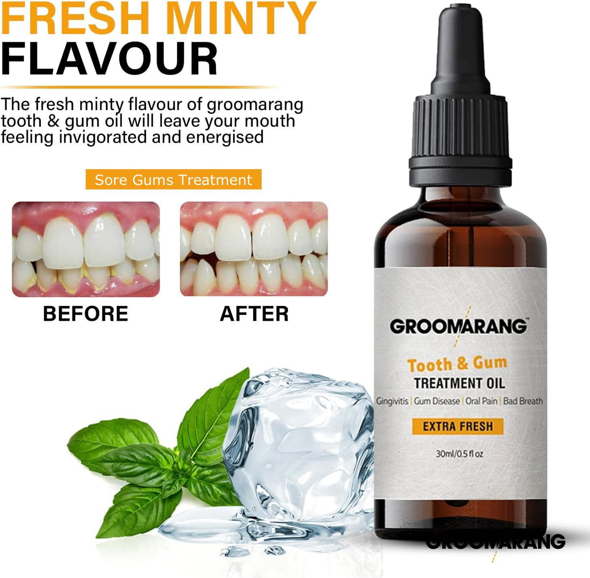 groomarang Groomarang Gum Oil - Made from 100% Pure Botanical Oils (Extra Fresh) Convenient Dropper Bottle for Accurate Dispensing 30ml Includes Stainless Steel Tongue Scraper