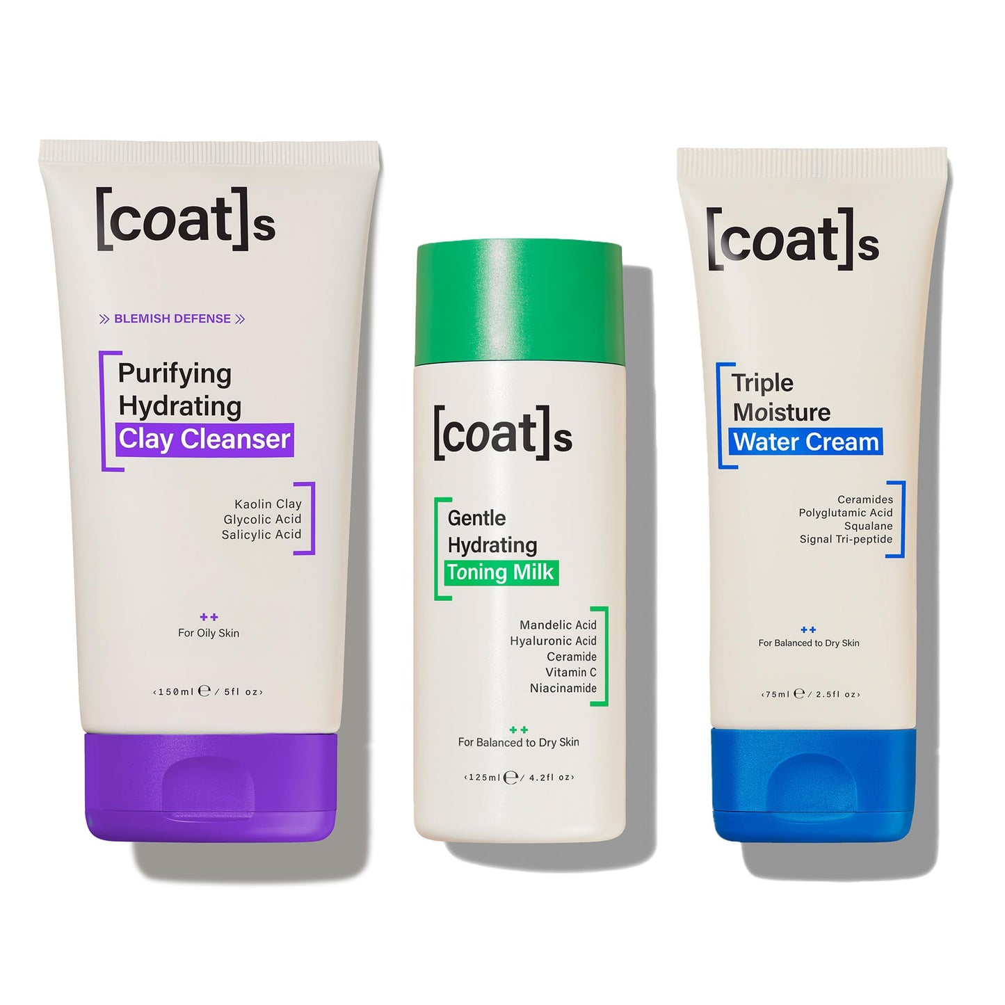 Coats Blemish Defence 3-Step Bundle for Oily Skin – Purifying Hydrating Clay Cleanser, Gentle Hydrating Toning Milk + Triple Moisture Water Cream – Helps Prevent Breakouts, Designed for Young Skin
