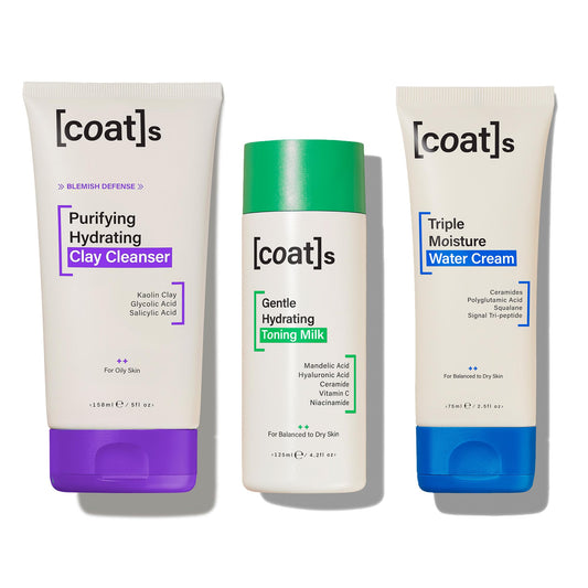 COATS Coats Blemish Defence 3-Step Bundle for Oily Skin – Purifying Hydrating Clay Cleanser, Gentle Hydrating Toning Milk + Triple Moisture Water Cream – Helps Prevent Breakouts, Designed for Young Skin