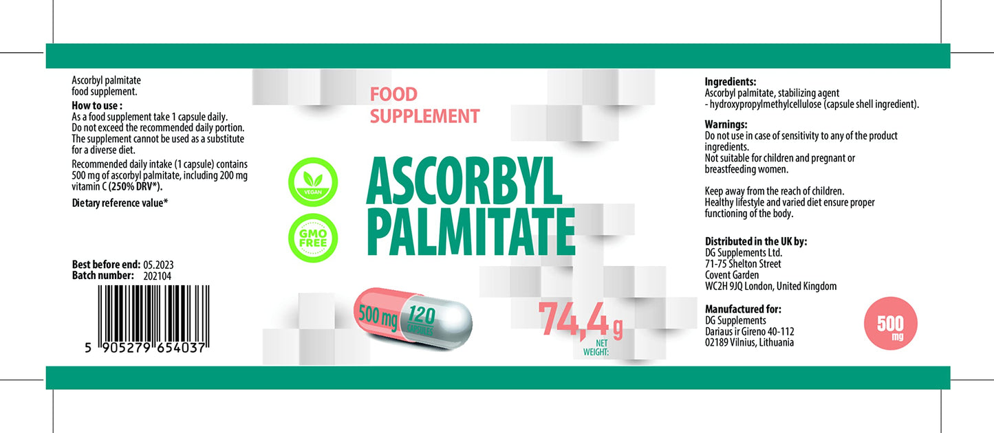 Hepatica Ascorbyl Palmitate 500mg 120 Vegan Capsules, 3rd Party Lab Tested, High Strength Supplement, No Fillers or Bulkers, Gluten and GMO Free