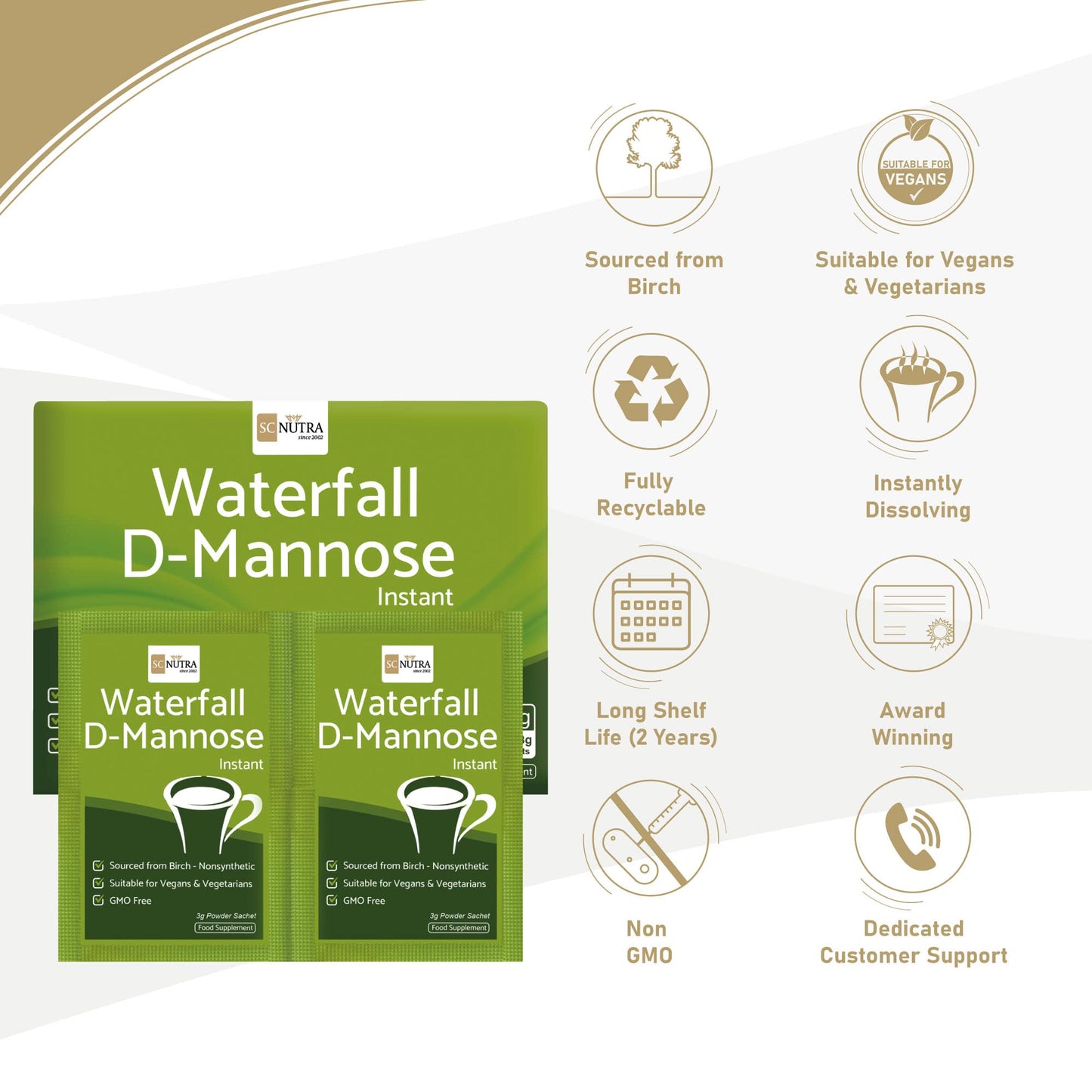 Waterfall D-Mannose Powder Sachets (30 x 3g Sachets) XL Pack - D-Mannose sourced from Birch - Monthly Supply for Prevention - SC Nutra (Sweet Cures)