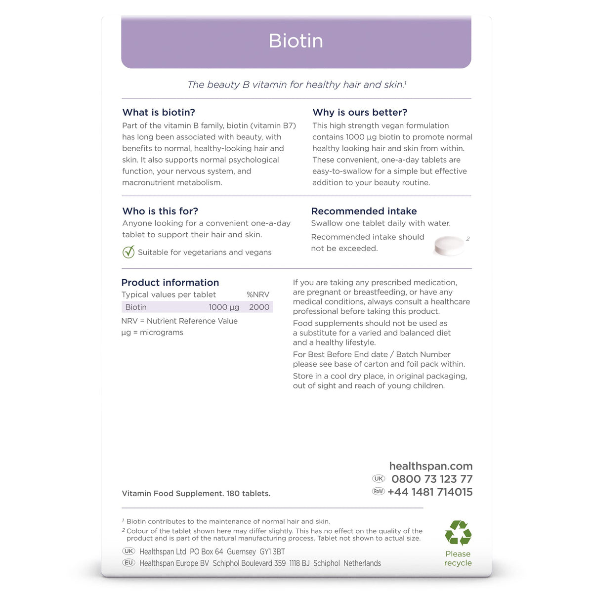 Healthspan Biotin 1,000μg (6 Months Supply) | Vitamin B for Healthy Hair & Skin | Supports Macronutrient Metabolism | One-a-Day Tablets | Vegan