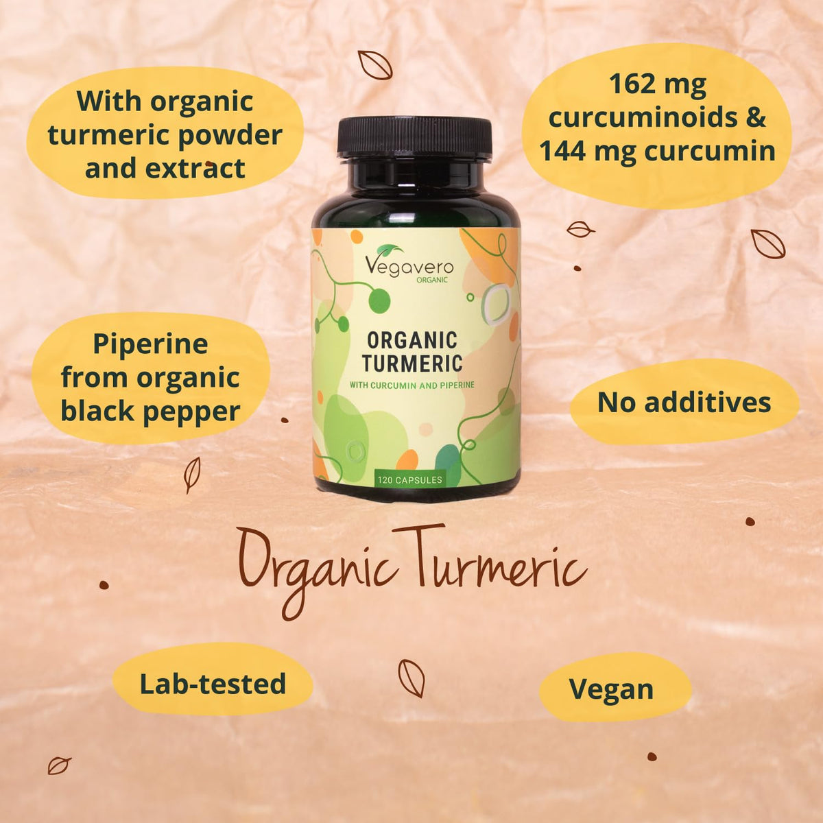 Vegavero Organic 5,600 mg Turmeric and Black Pepper Capsules High Strength | 162 mg Curcuminoid, 144 mg Curcumin and 10 mg Piperine | NO Additives, Lab-Tested | 120 Capsules