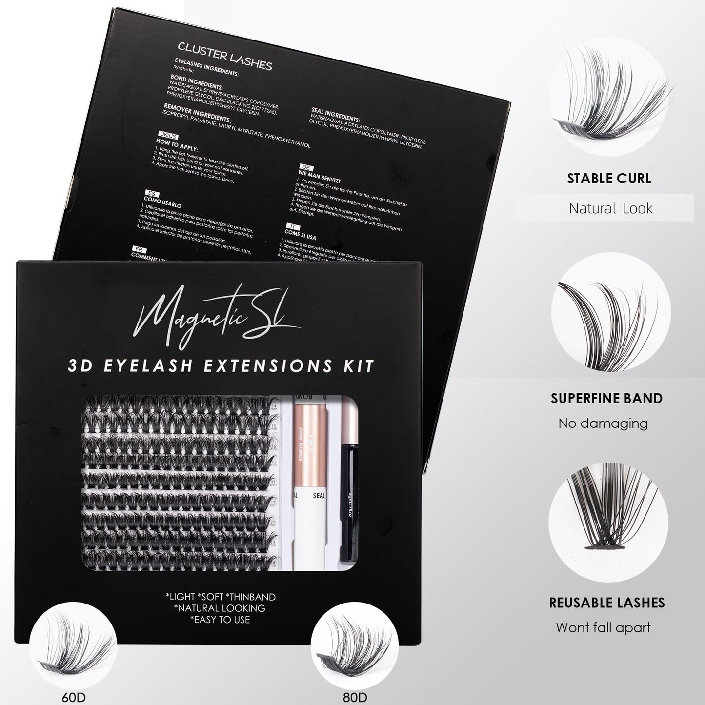Magnetic SL Individual-Lashes 320PCS 60D+80D DIY Lash Extension Kit with Bond and Seal 10-16mm MIX Fluffy False Eyelashes with Glue and Eyelash Applicator, Look Like Eyelash Extension at Home(60D+80D-0.07D)