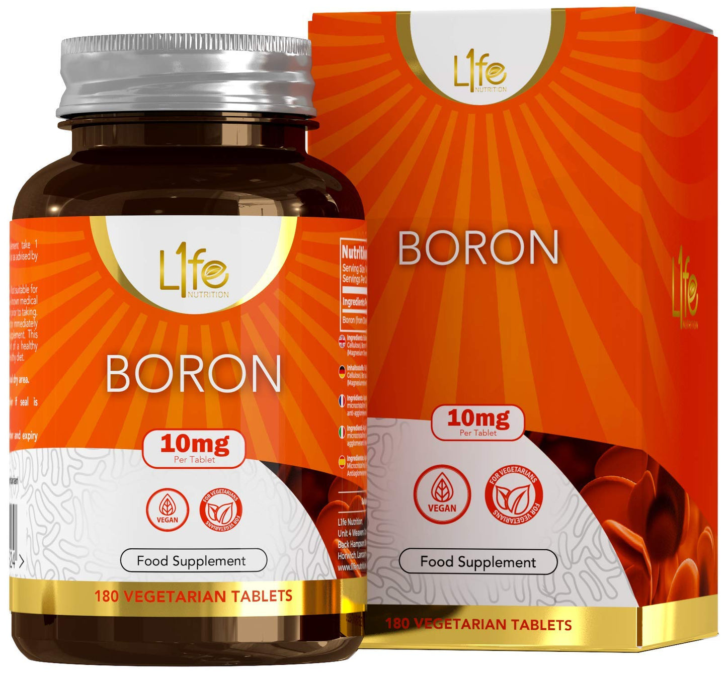 L1fe Nutrition LN Boron Supplements | 180 High Strength Vegan Boron Tablets - 10mg Supplement per Capsule | Non-GMO, Gluten, Dairy & Allergen Free | Manufactured in The UK