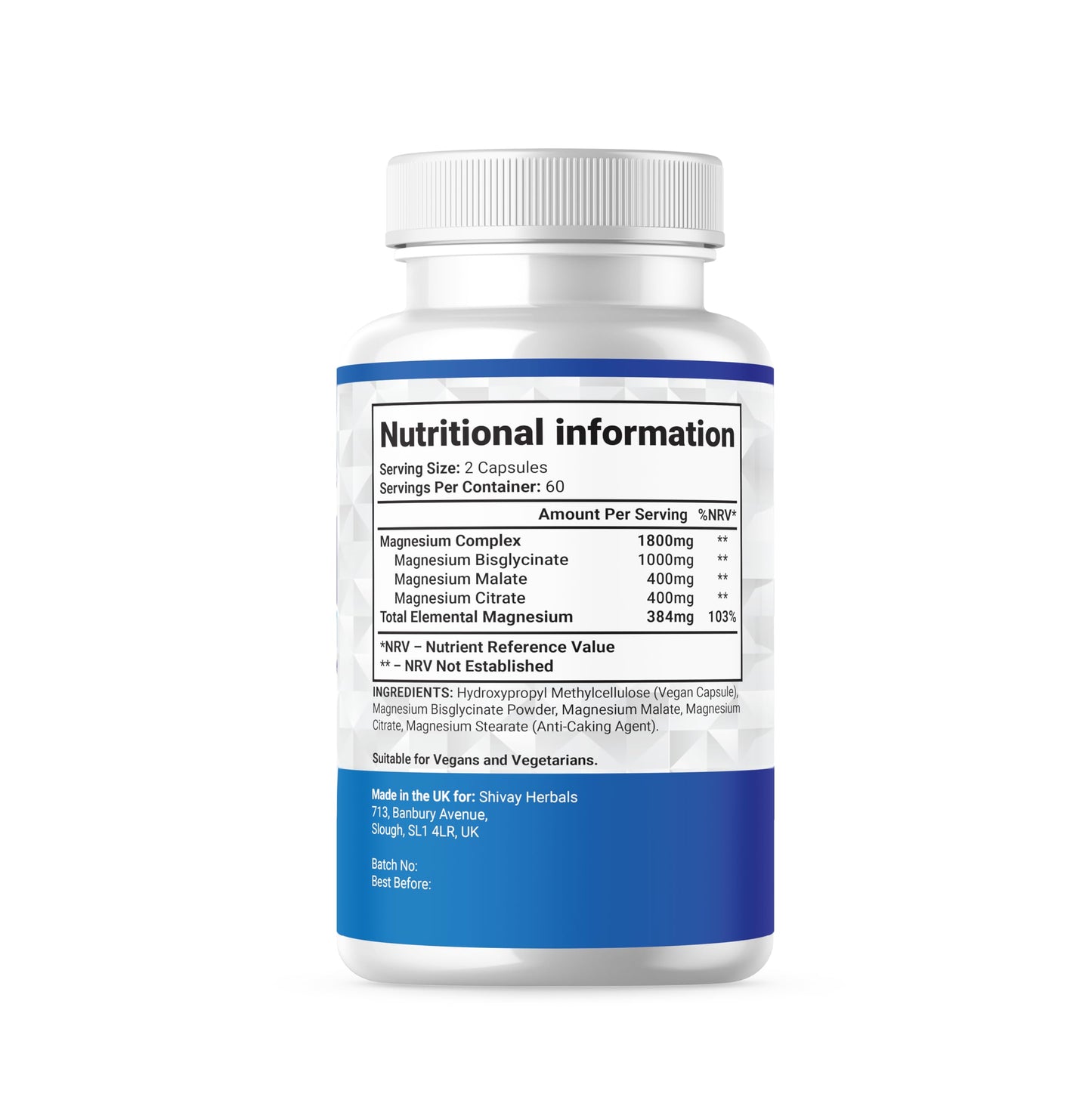 Magnesium Glycinate 3 in 1 Complex | 1800mg Per Serving - 384mg Elemental Magnesium | High Strength Magnesium Bisglycinate, Malate, Citrate | 120 Vegan Capsules | Made in The UK by Shivay Herbals