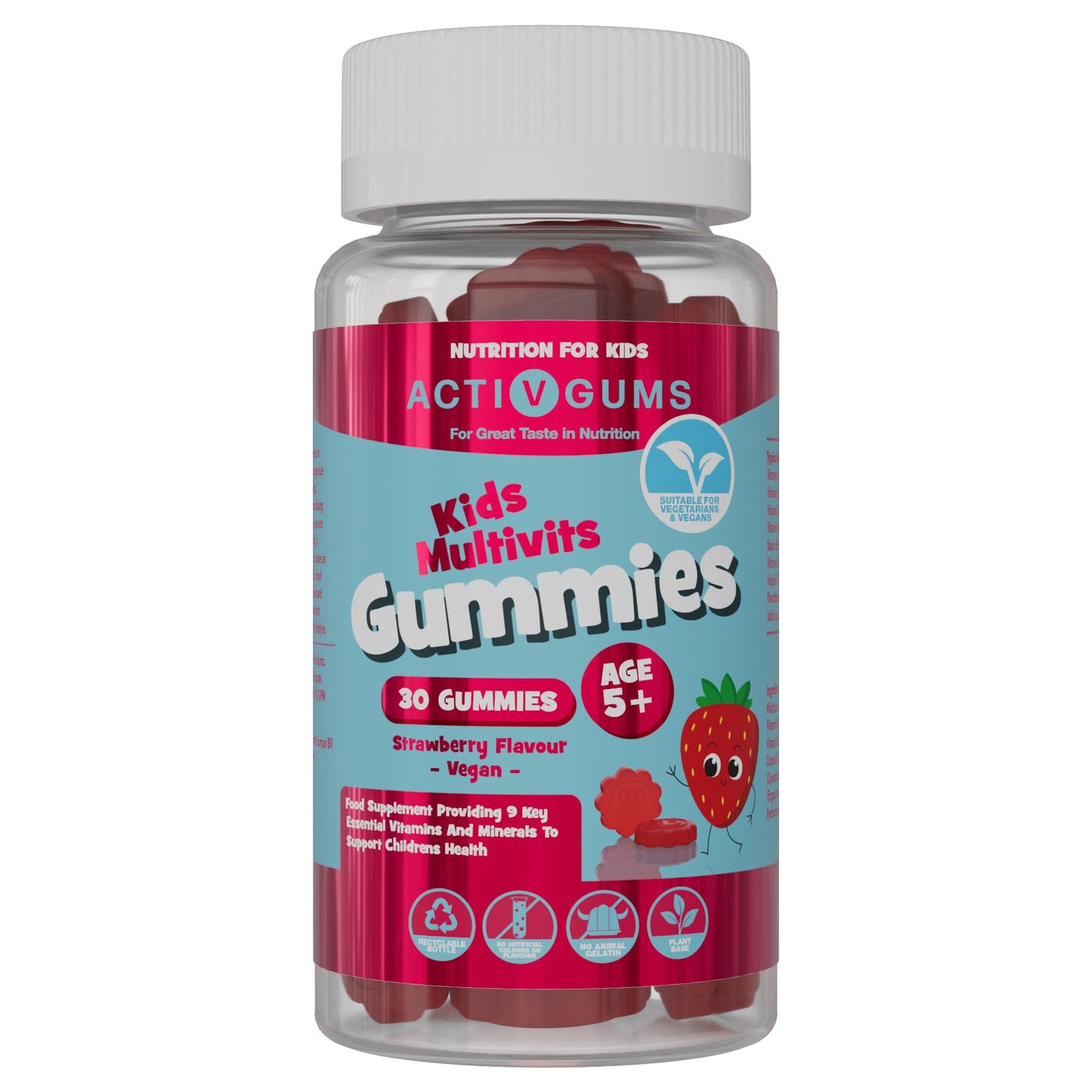 Activ Gums Kids Multi Vits 30 Vegan Gummies. Strawberry Flavour. for Wellbeing and Vitality. with 9 Essential Vitamins A, D, E, C, B3, B6, B12, B5 & Iodine. for Ages 5+ by ActivGums®