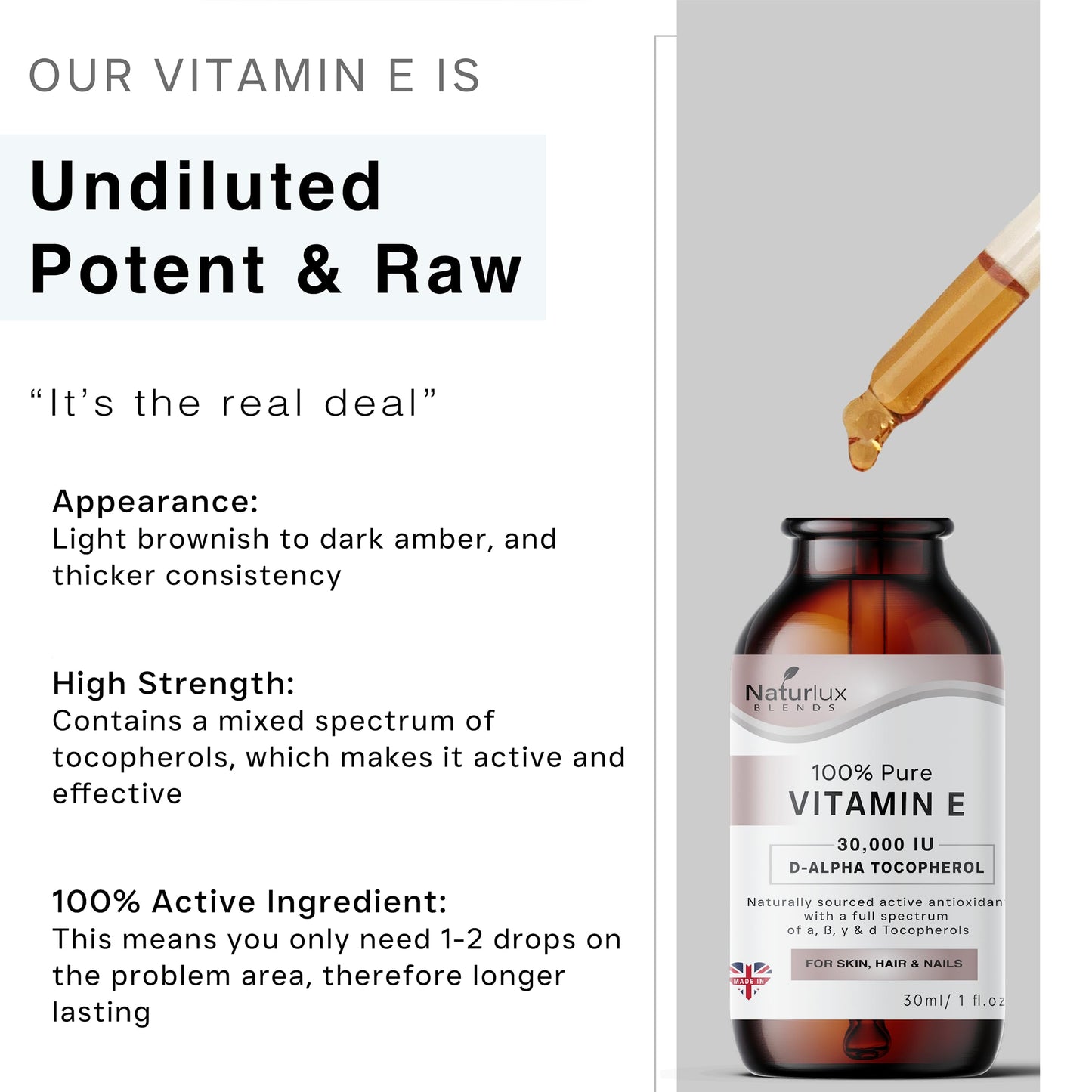 100% Pure Vitamin E Oil for Skin, Face, Hair & Nails Cuticle | Natural D - Alpha Tocopherol | High Strength Concentrated Antioxidant 30 ML