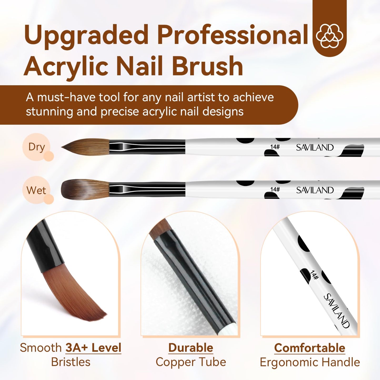 Saviland Acrylic Nail Brush Set: 3pcs Professional Nail Brush for Acrylic Powder Nails Kolinsky Acrylic Brush Wooden Handle Nail Art Brushes Nail Tools Kit Size 8/10/14, Christmas Women Gift Set