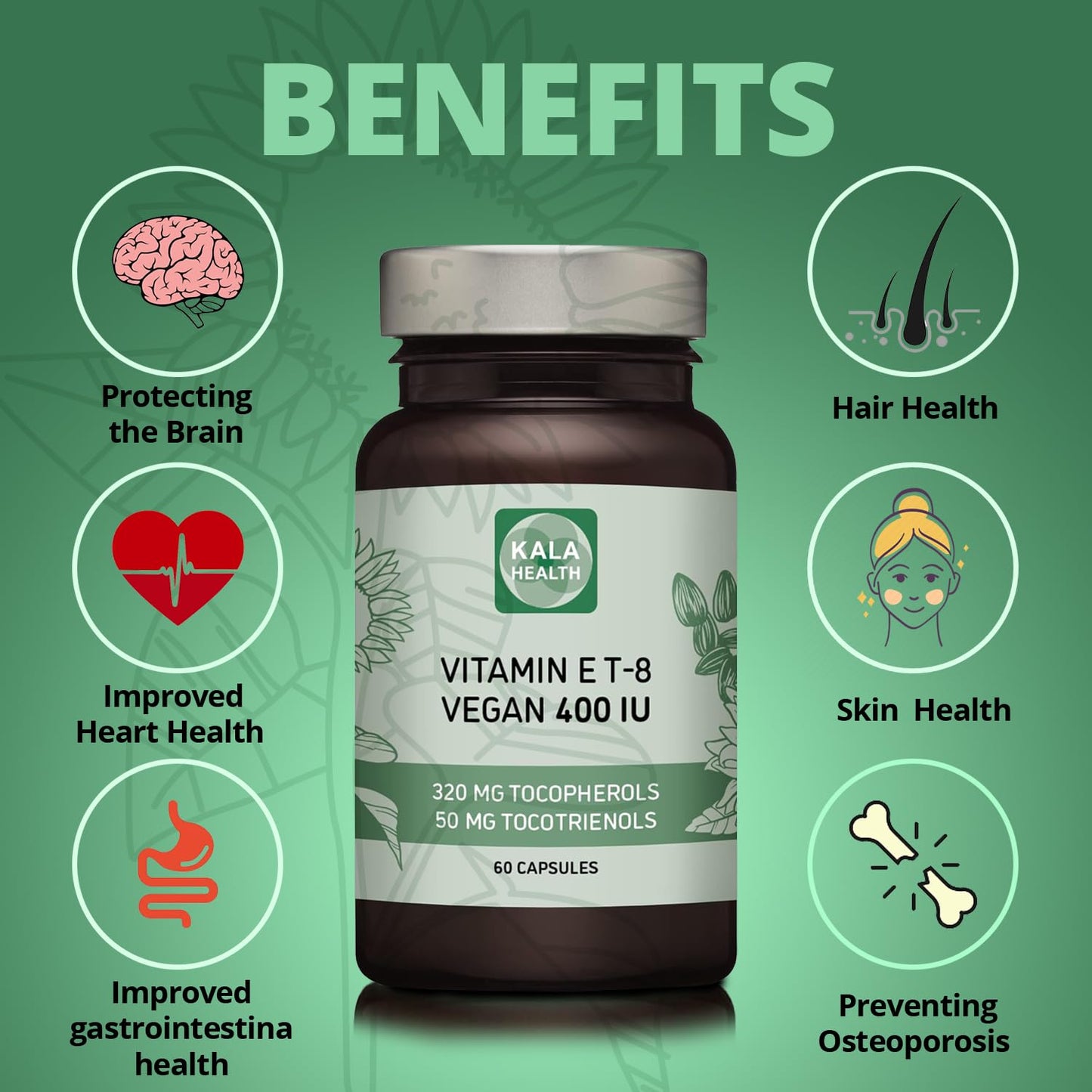 Kala Health Vitamin E - All 8 Tocopherols + Tocotrienols 400 IU Vegan - Alpha Tocopherol/Tocotrienol + Beta Tocopherol/Tocotrienol + Gamma Tocopherol/Tocotrienol + Delta Tocopherol/Tocotrienol