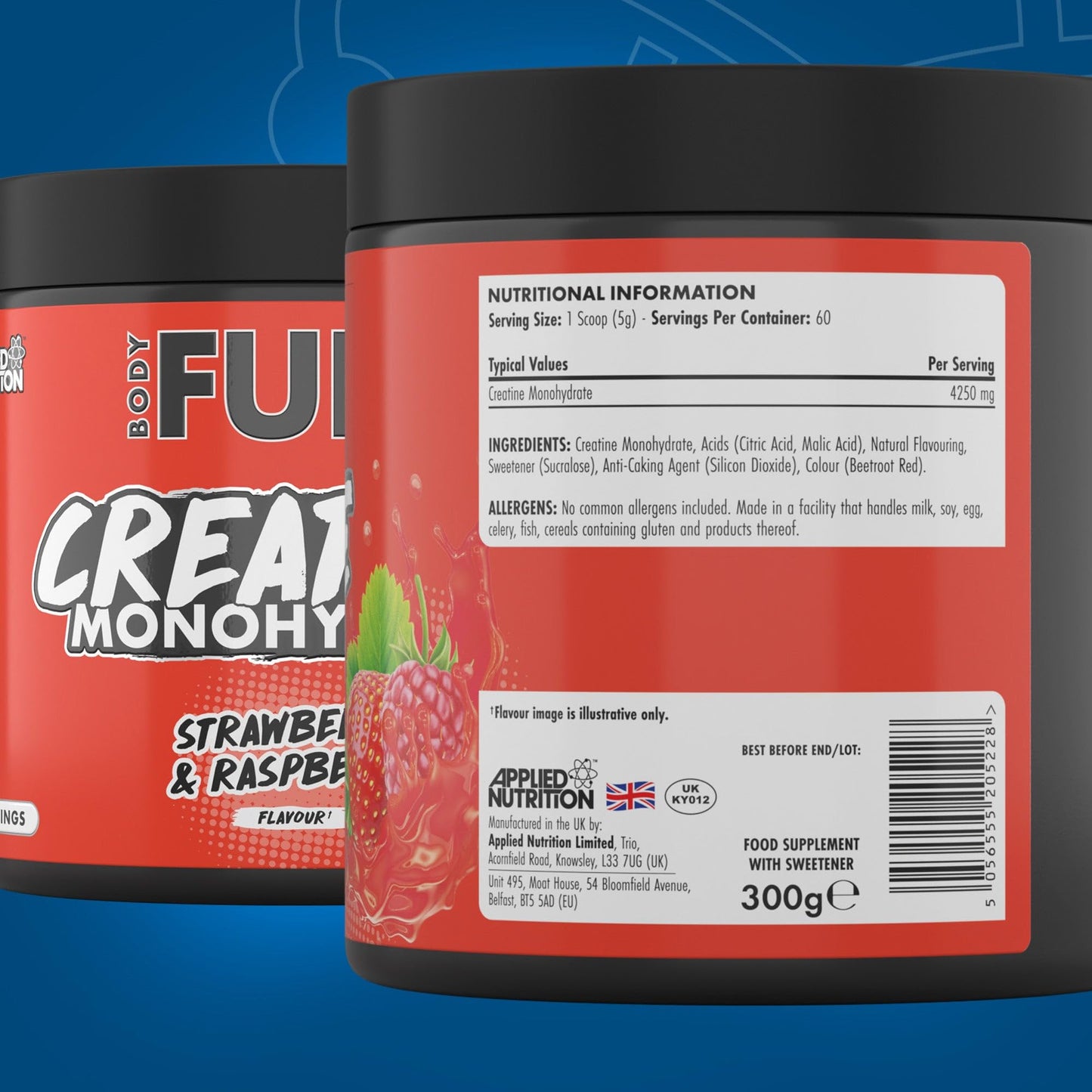 Applied Nutrition BodyFuel Creatine Monohydrate Powder, Increases High-Intensity Physical Performance, Strawberry & Raspberry (300g - 60 Servings)