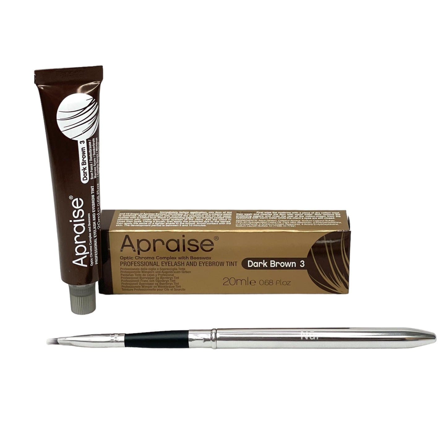 Apraise Professional Eyebrow & Eyelash Tint 20ml | Best Brow & Lash Semi – Permanent Dark Brown Colour Dye | Includes Nūr Tinting Brush with Aluminium Handle and Foldable Design | UK Brand
