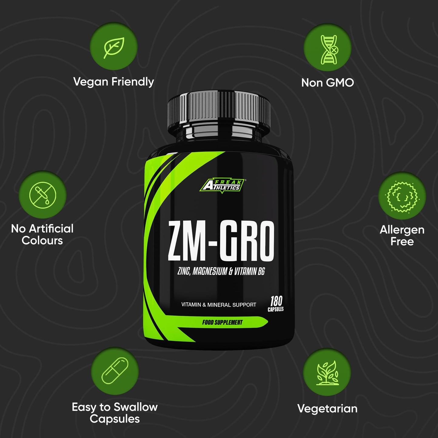 Freak Athletics ZM-GRO - Zinc, Magnesium & Vitamin B6 Capsules | 180 Vegan Capsules | Muscle Recovery, Sleep & Immune Support | High Absorption Formula | Made in The UK