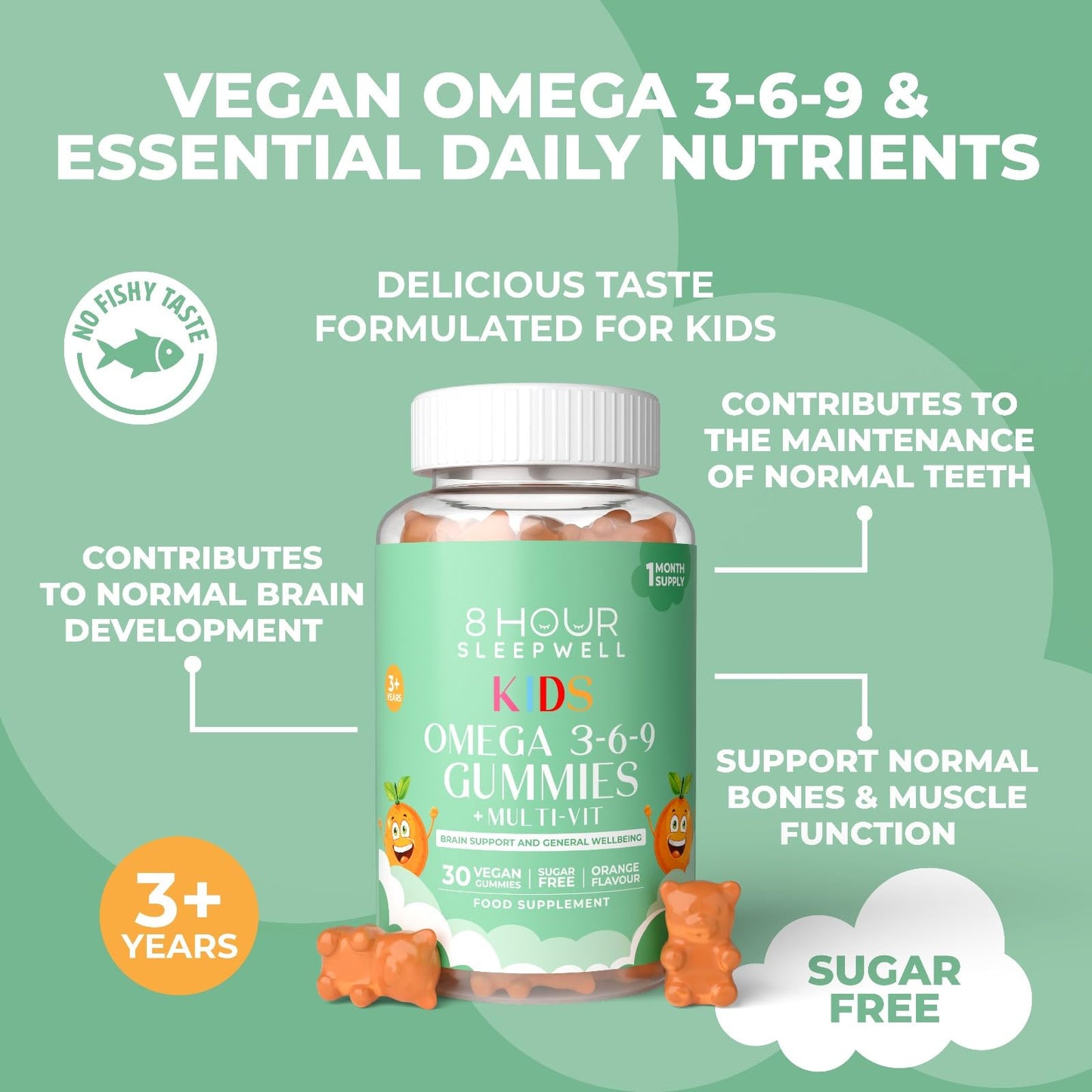 Kids Omega 3, 6 & 9 Gummies – Sugar-Free, Vegan & Gluten-Free | Plant-Based Omega with 8 Essential Vitamins | Chewable, Tasty Alternative to Fish Oil | 1 Month Supply