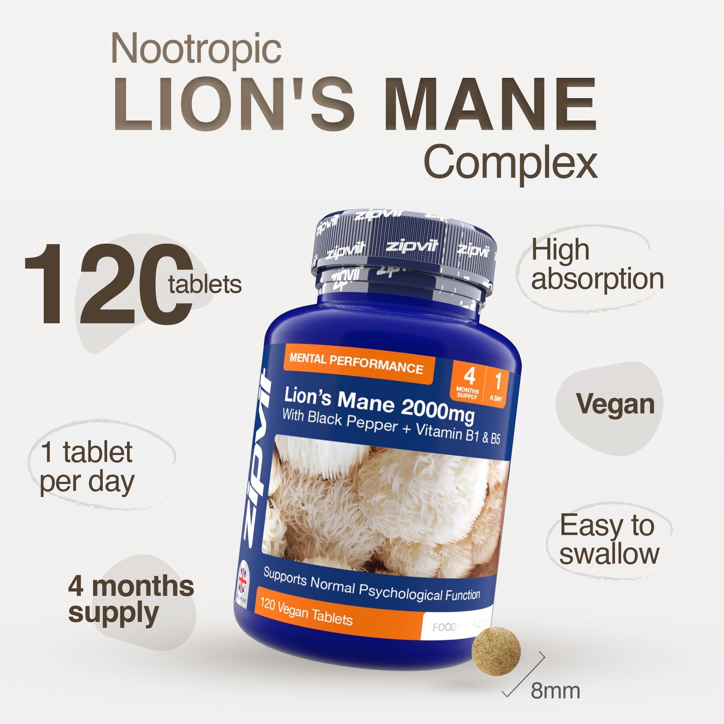 Zipvit Lions Mane Supplement 2000mg with B1, B5 & Black Pepper, 4 Months Supply, Lions Mane Mushroom 15:1 Extract, Supports Mental Performance, 120 Vegan Tablets