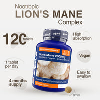 Zipvit Lions Mane Supplement 2000mg with B1, B5 & Black Pepper, 4 Months Supply, Lions Mane Mushroom 15:1 Extract, Supports Mental Performance, 120 Vegan Tablets