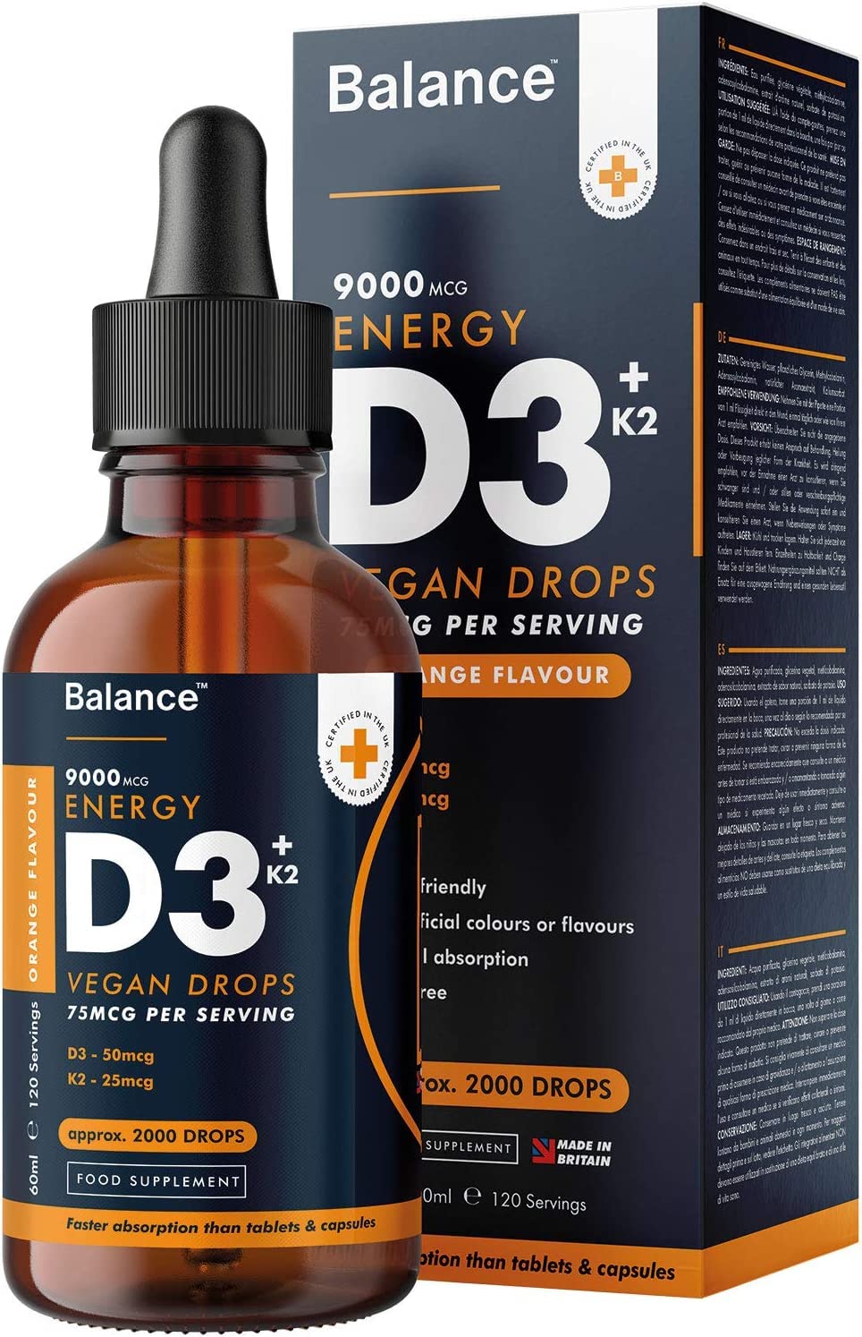 Vitamin D3 + K2 Liquid Drops - Vegan - High Strength 2000iu D3 + 25mcg K2-2 Month Supply - 120 Servings - 9,000mcg 60ml Dropper Bottle - Sublingual for Fast Absorption - Made in UK by Balance