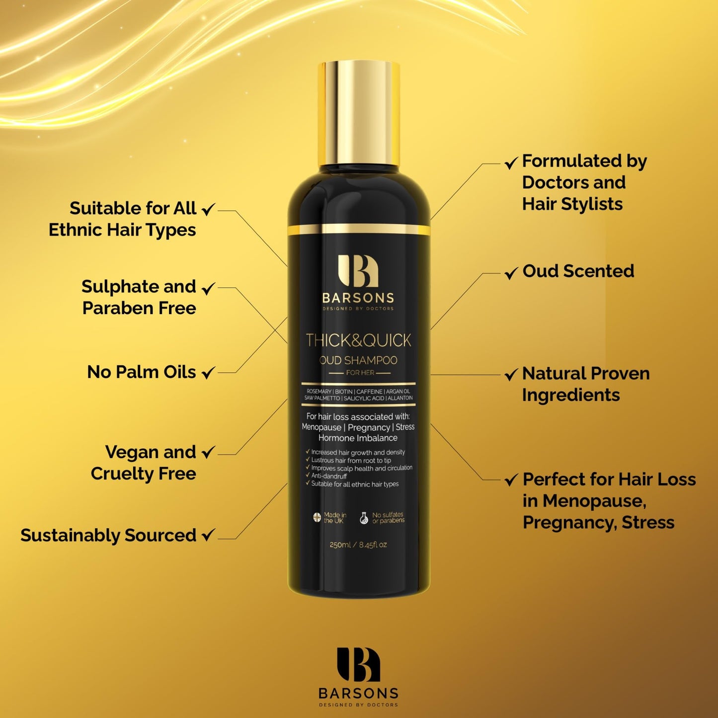 BARSONS Oud Shampoo for HER. Luxury Haircare Formula, designed by Doctors & Hair Stylists | Rosemary Oil, Argan Oil, Biotin, Caffeine, Saw Palmetto | Nourishing Shampoo for Thicker & Fuller Hair
