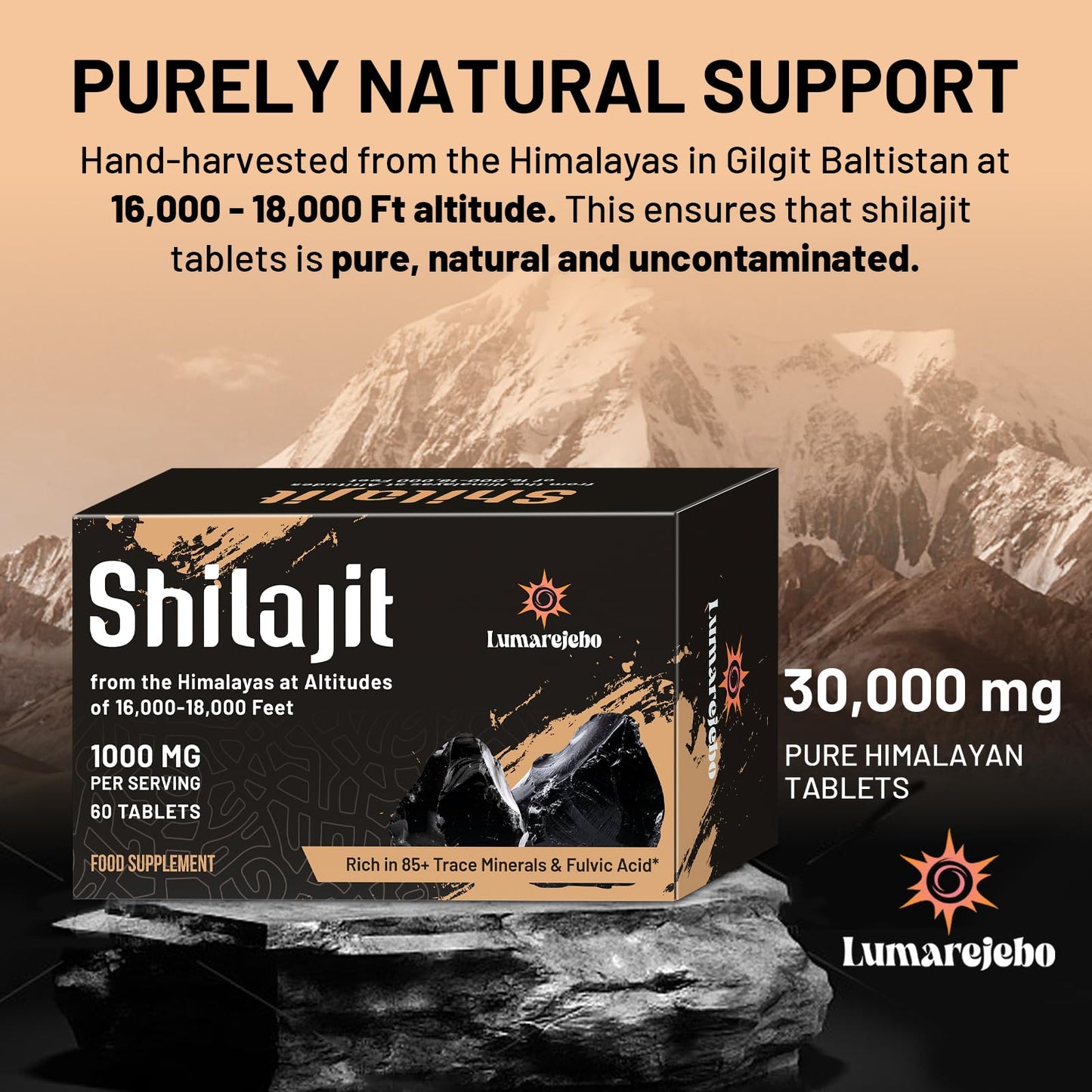 Lumarejebo Shilajit Tablets 30,000mg, 100% Pure Himalayan Shilajit Tablets (1000mg Per Serving), Rich in 85+ Trace Minerals & 60% Fulvic Acid, for Energy and Immune Support (120 Tablets)