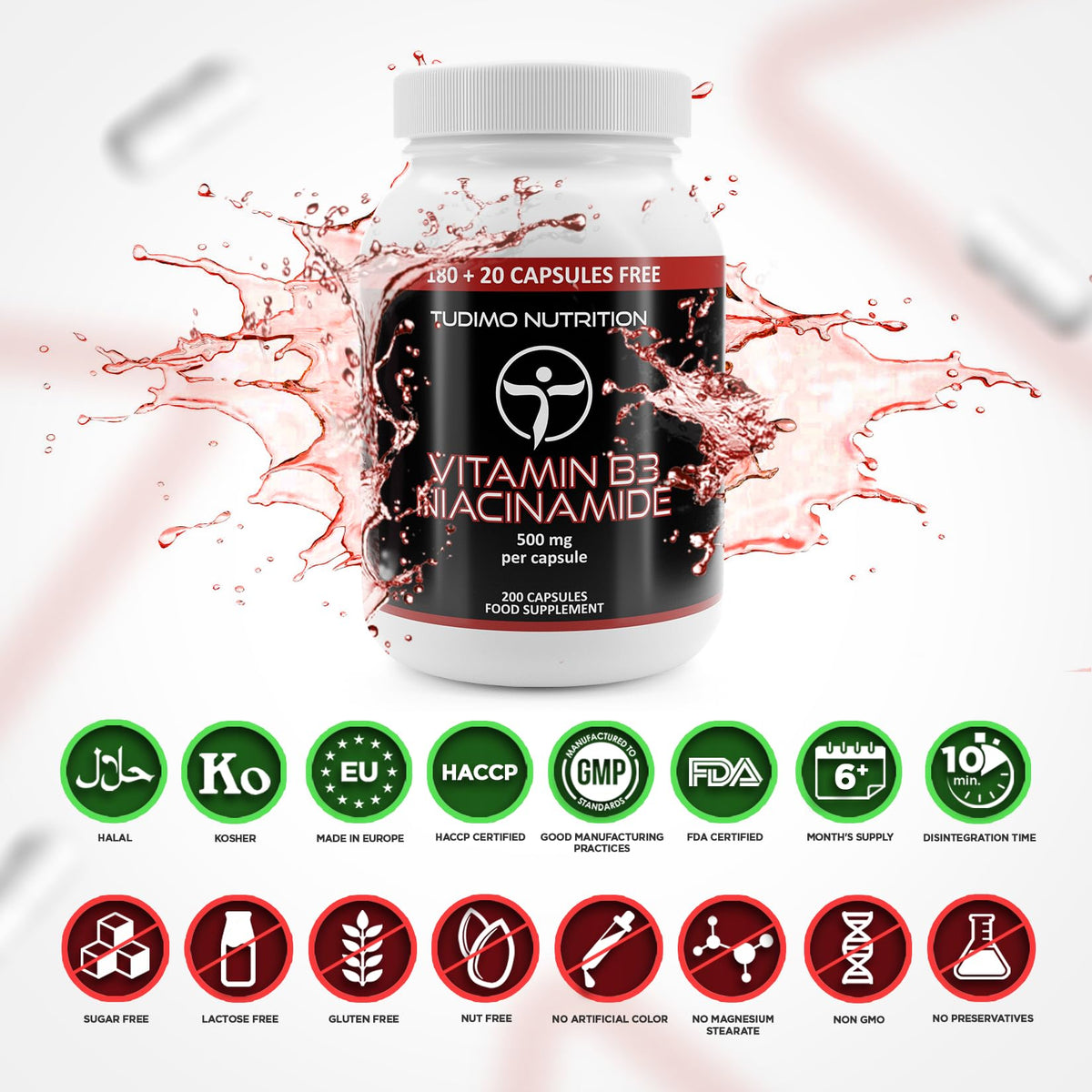 TUDIMO Vitamin B3 Niacinamide Supplement 500mg Flush Free Capsules - 200 High Strength Caps (6+ Month Supply), Each with 500 mg of Pure VIT B3 Nicotinamide 500mg Powder