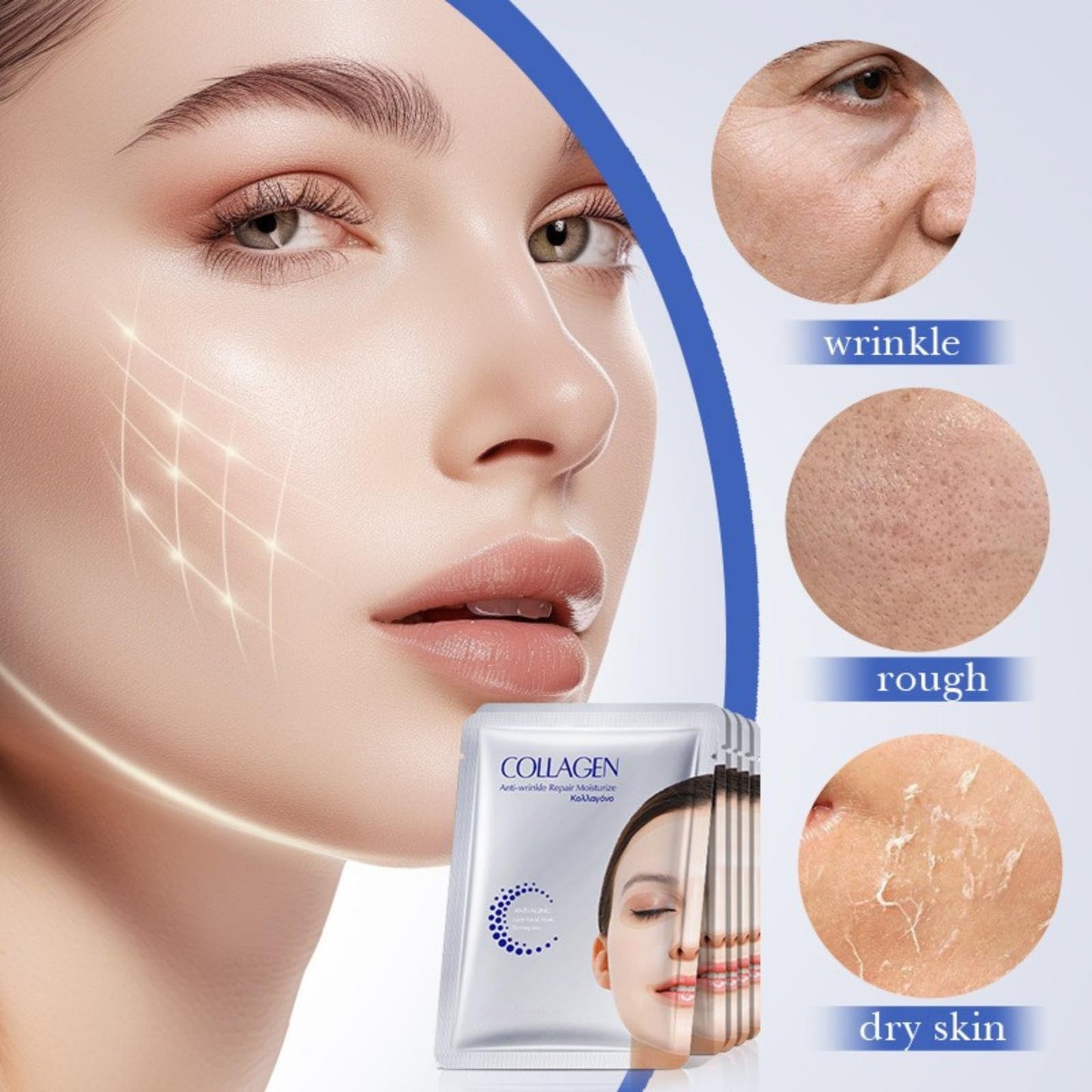 Cureluxe 5PCS Face Care Korean Glass Skin Collagen Mask - Anti-Aging&Anti-Wrinkles Collagen Face Mask - Korean Face Mask with Co-llagen,Hyaluronic Acid,Niacinamide - Kor-ean Skincare Hydrating Face Masks