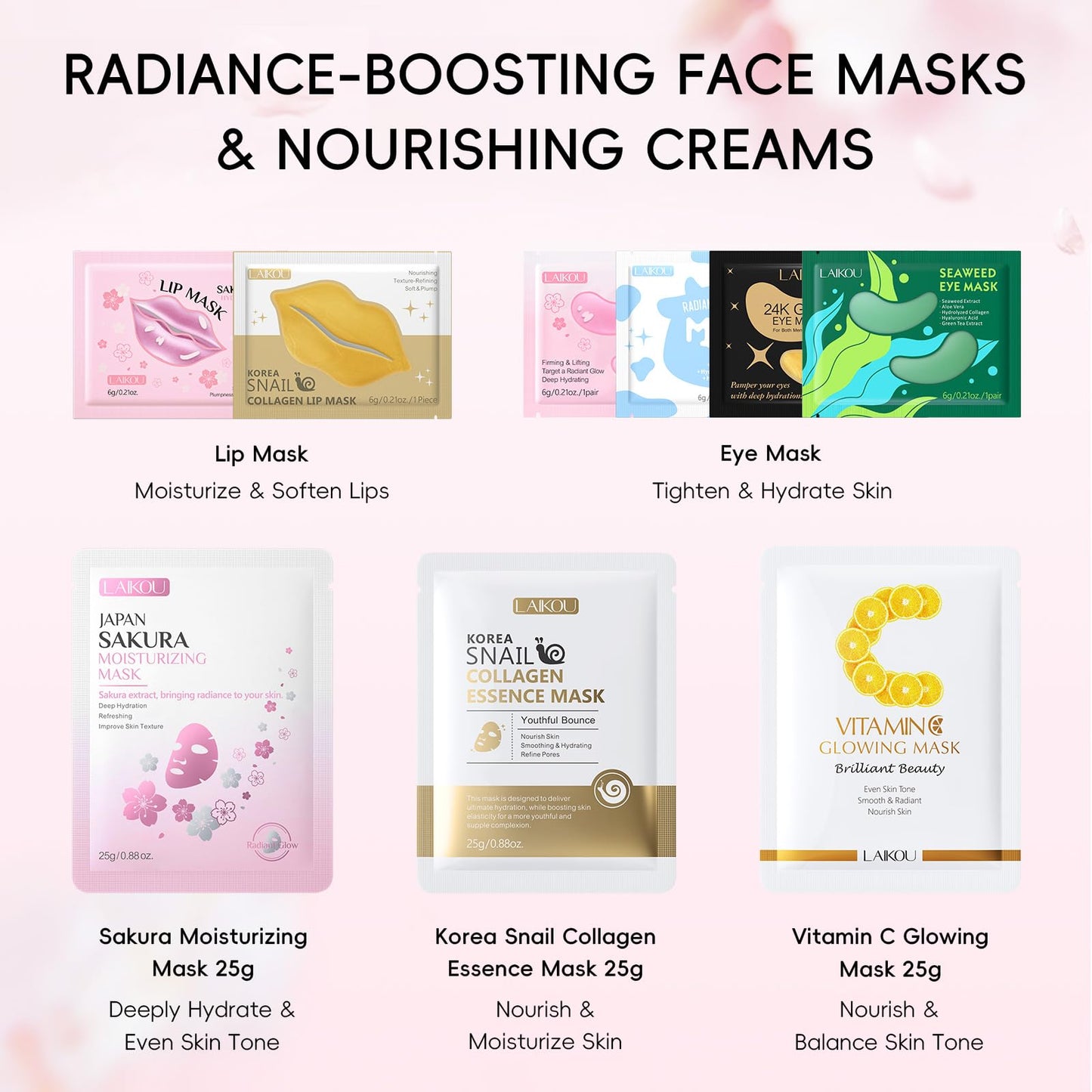 LAIKOU Face Mask Skincare Set for Hydrating & Nourishing 24PCS