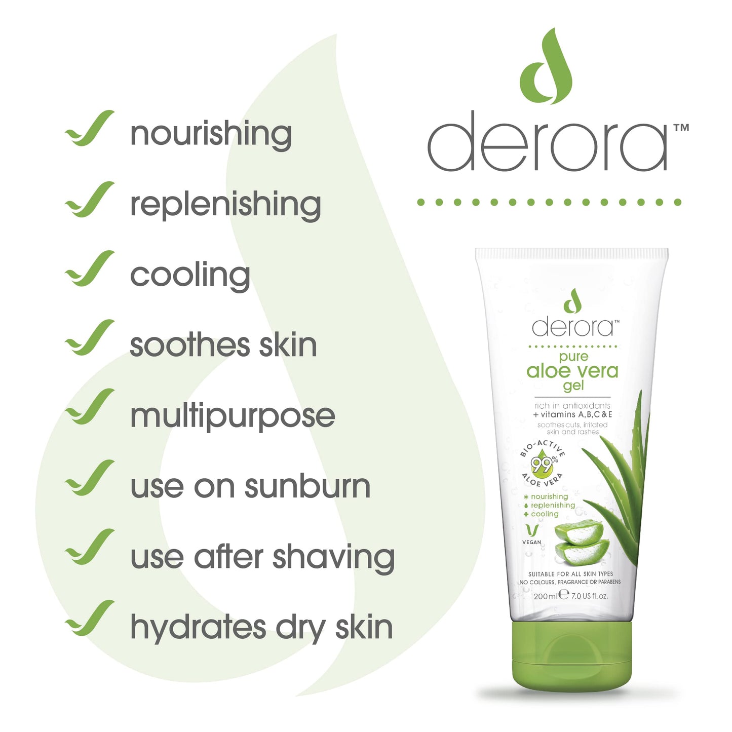 Aloe Vera Gel by Derora | Contains 100% Pure, Organic & Natural Bio Active Aloe Ingredients | for Healing, Soothing & Hydrating the Skin, Face & Body | Cruelty Free & Vegan (200ml (Pack of 1))