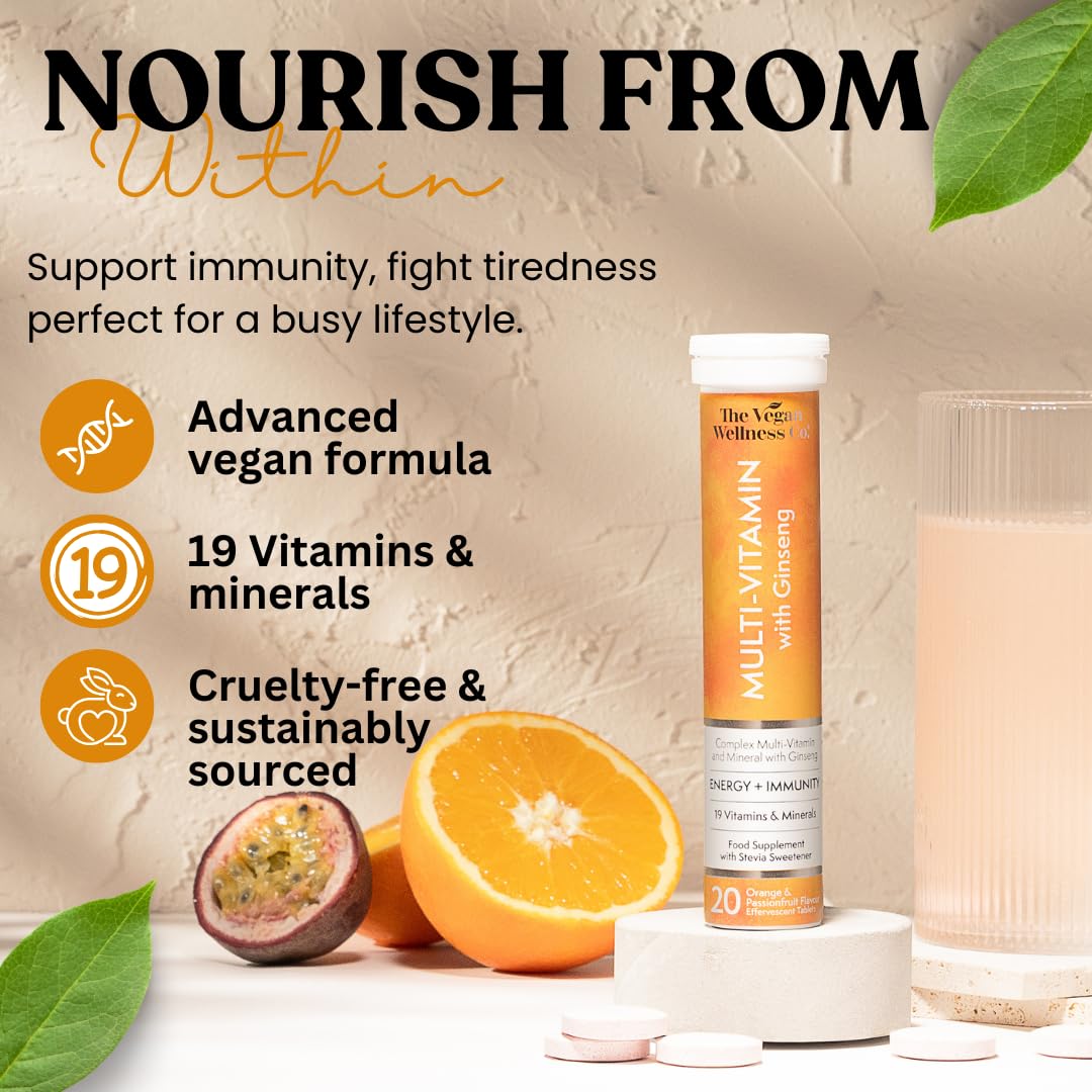 The Vegan Wellness Co. Multivitamin with Ginseng, 19 Nutrients for Energy + Immunity, 40 Effervescent Tablets - Orange and Passionfruit Flavour