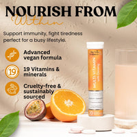 The Vegan Wellness Co. Multivitamin with Ginseng, 19 Nutrients for Energy + Immunity, 40 Effervescent Tablets - Orange and Passionfruit Flavour