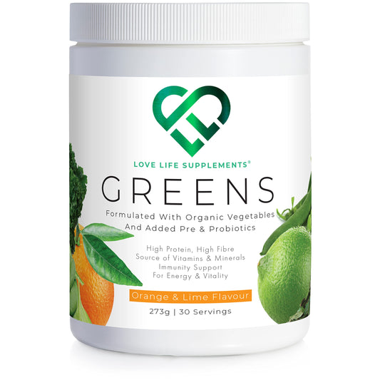 Organic Greens Powder | Orange and Lime Flavour | 273g - 30 Servings | 7 Organic Green Vegetables Including Pea Protein | Includes Prebiotics (Inulin) and Probiotics (Lactospore® Bacillus Coagulans)