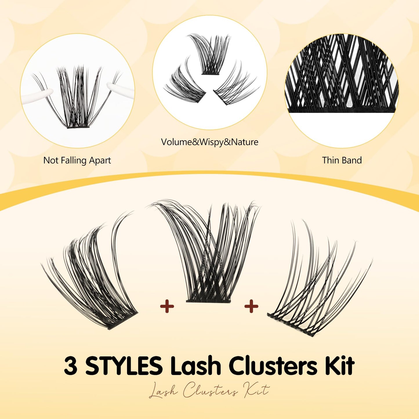 QUEWEL Lash-Cluster Kit 144Pcs D Curl Mixed 3 Styles Eyelashes-Individual Natural Look, Super Thin Band Cluster Lashes Kit for Beginner Easy to Apply at Home（Collection-style B-kit）