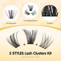 QUEWEL Lash-Cluster Kit 144Pcs D Curl Mixed 3 Styles Eyelashes-Individual Natural Look, Super Thin Band Cluster Lashes Kit for Beginner Easy to Apply at Home（Collection-style B-kit）
