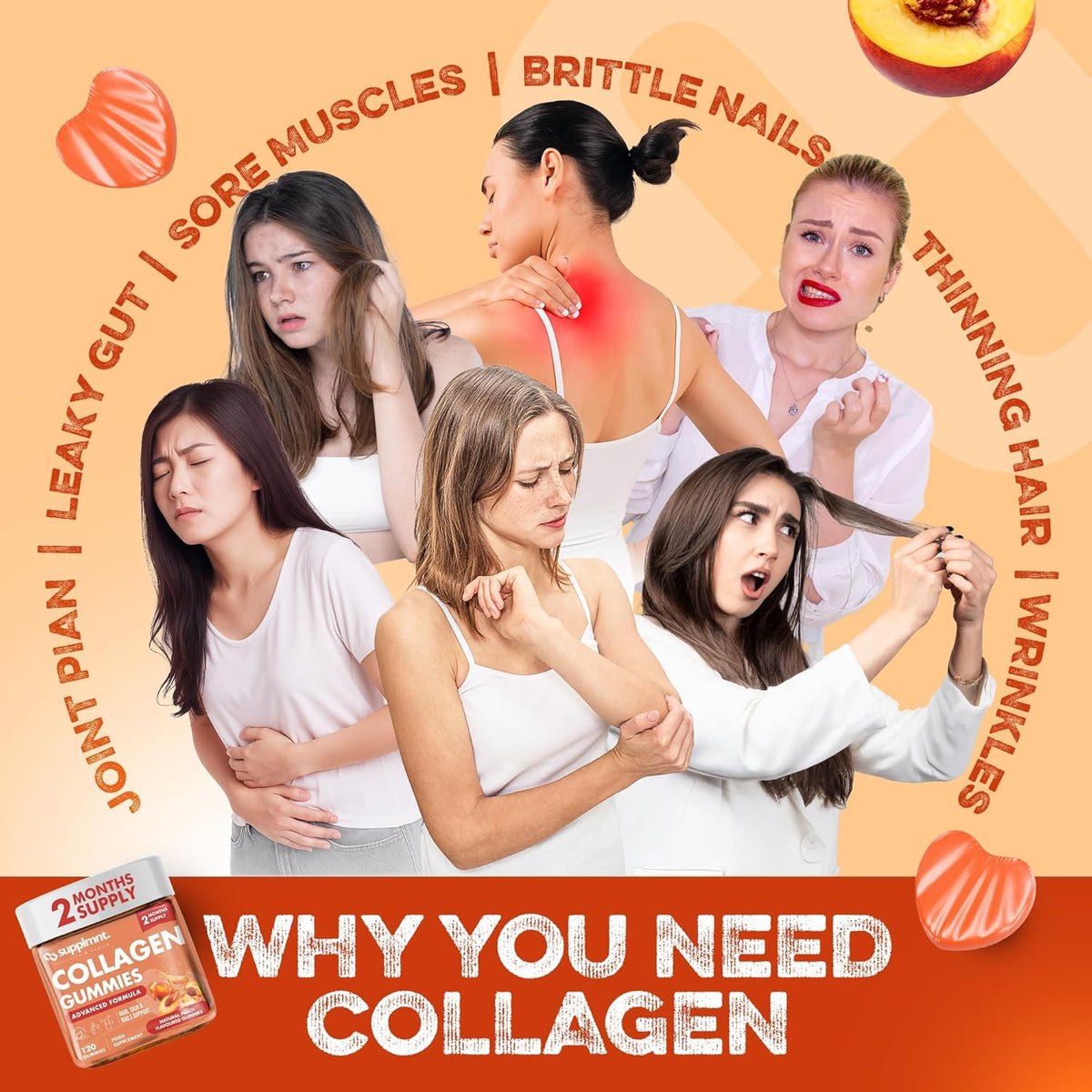 supplmnt. Supplmnt. Marine Collagen Gummies, Hydrolysed Collagen Peptides w/Biotin, Hyaluronic Acid & Vitamin C, Collagen Supplements for Women & Men, Collagen for Skin, Hair & Nails (One Size, Peach)