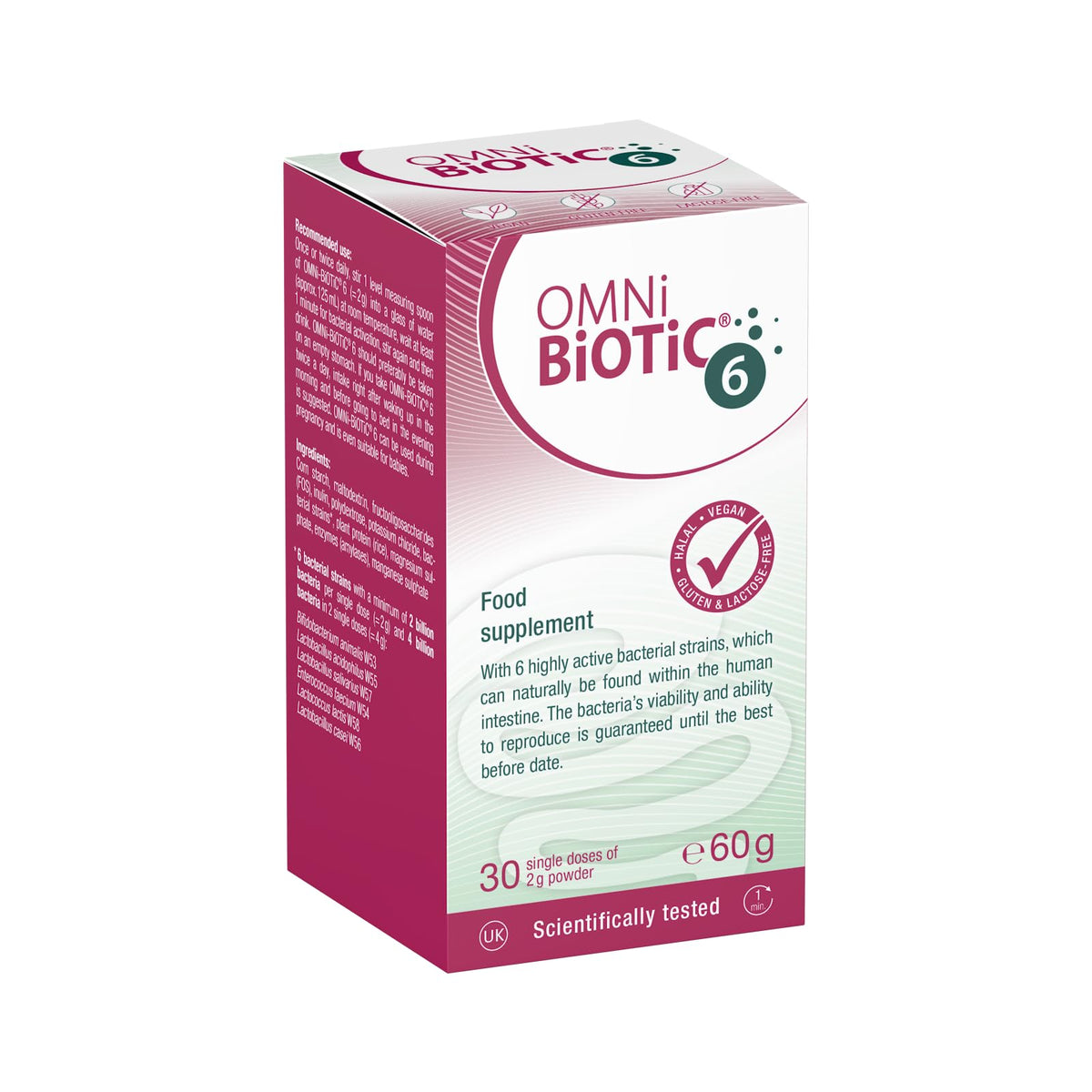 OMNi BiOTiC 6 | Glass | 30 portions (60g) | 6 Bacterial strains | 4 Billion Bacteria per Daily dose | Powder | with Inulin | Vegan | Gluten-Free | Lactose-Free | for Daily use