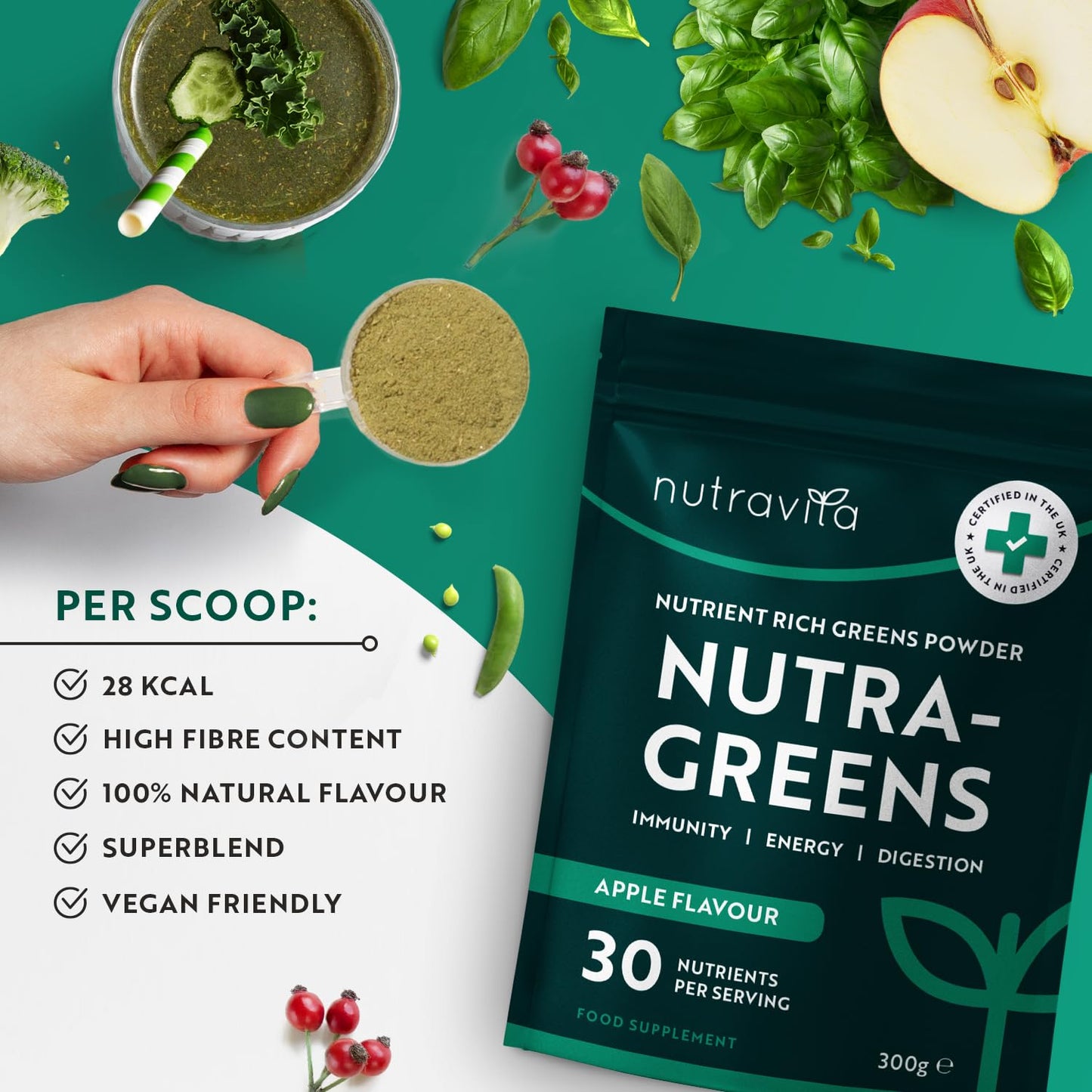 Nutravita Super Greens Powder - 23 Advanced Vegan Ingredients - Greens, Vitamins and Superfoods - Probiotic Blend for Gut Health - UK Made - 30 Servings (Apple Flavour)