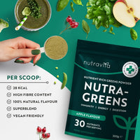 Nutravita Super Greens Powder - 23 Advanced Vegan Ingredients - Greens, Vitamins and Superfoods - Probiotic Blend for Gut Health - UK Made - 30 Servings (Apple Flavour)