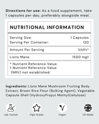Lions Mane Supplement High Strength - 1500mg per Serving - Brain Fog/Cognitive Supplements by Futuro Labs - Lion’s Mane Mushroom Capsules (Vegan) - 120 Day Supply