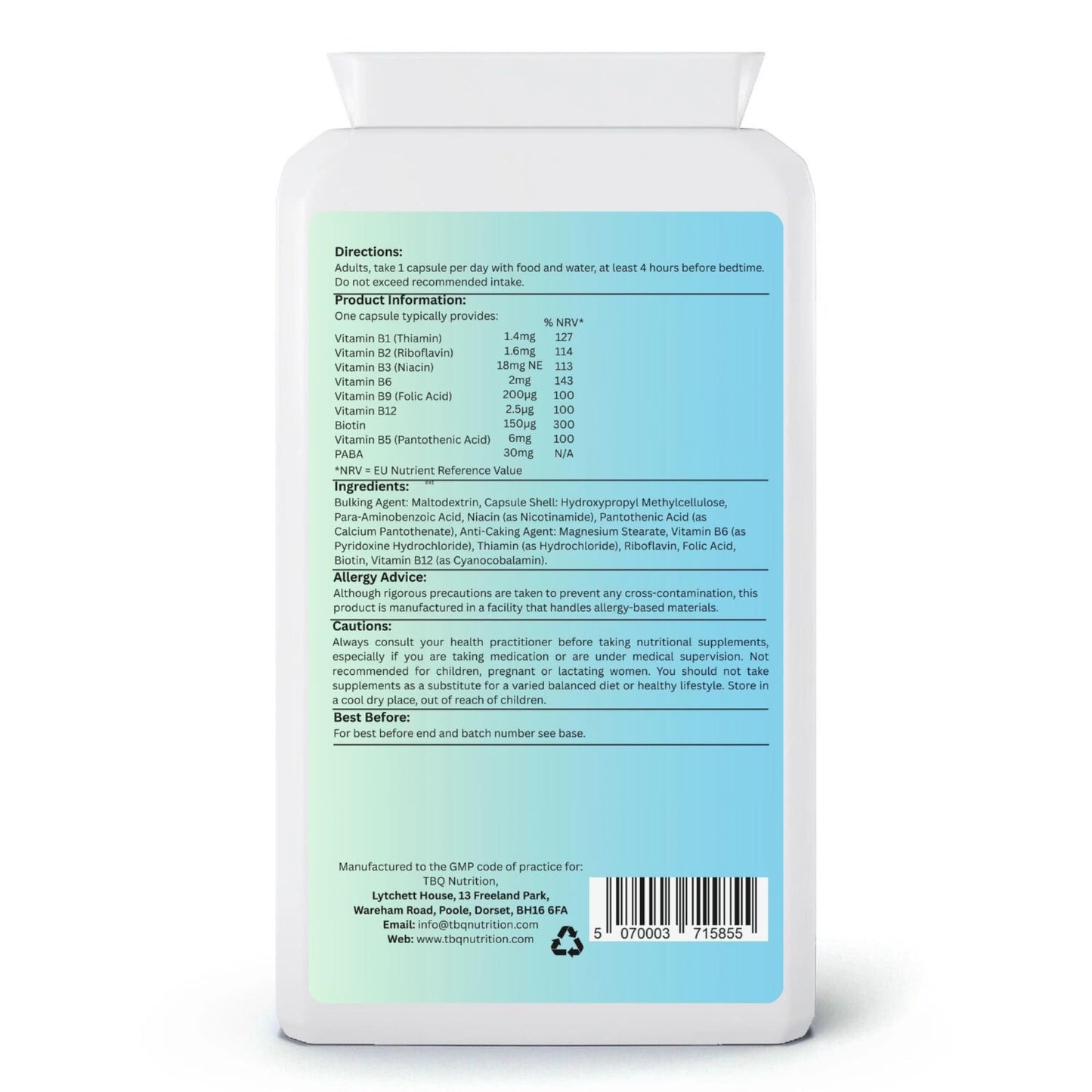 TBQ Nutrition Vitamin B Complex – 120 Vegan Capsules | Full Daily Dose of B1, B2, B3, B5, B6, B7, B9, B12 + PABA | Energy, Nerve, Immune & Metabolism Support | UK-Made Supplement