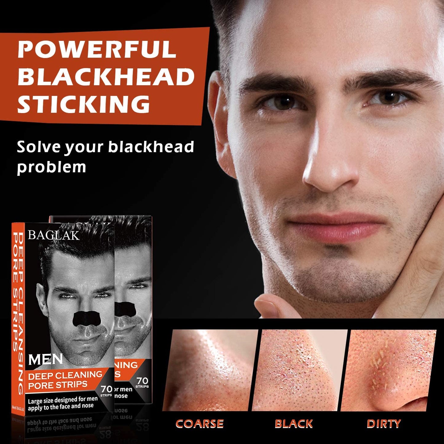 BAGLAK Men Blackhead Remover Pore Strips (70 Count) -Charcoal Nose Strips for Blackhead Removal - Large Size For Nose+Face