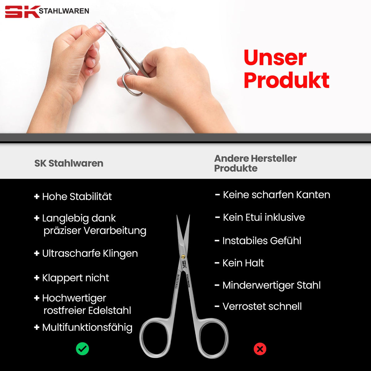 SK Stahlwaren SK STAHLWAREN Professional cuticle scissors, curved, extra sharp nail scissors. For precise removal of skin residues. Combination scissors.