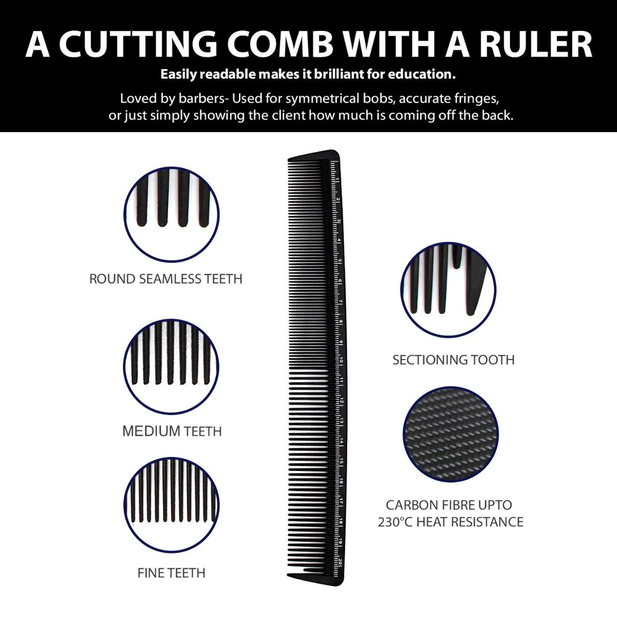 Measure & Style Innovative Black Hair Comb with Built-in Scale Professional Carbon Fiber High Heat Resistant (230°C) Strong Durable and Fine-Toothed By Majestik+