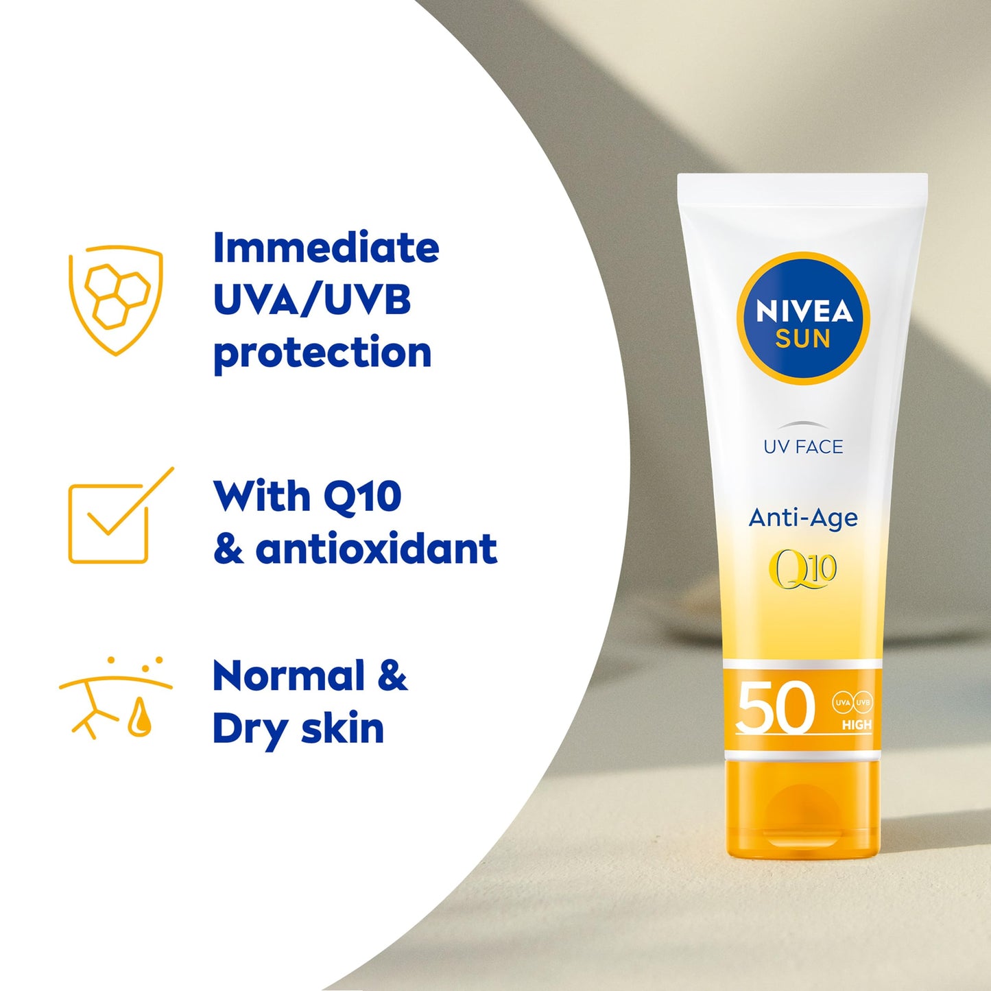 Nivea Sun NIVEA Sun UV Face Anti-Age SPF 50 (50ml), Q10 Protects Against UVA/UVB Rays and Premature Skin Ageing, Anti-Ageing Cream, Fights Fine Lines and Wrinkles