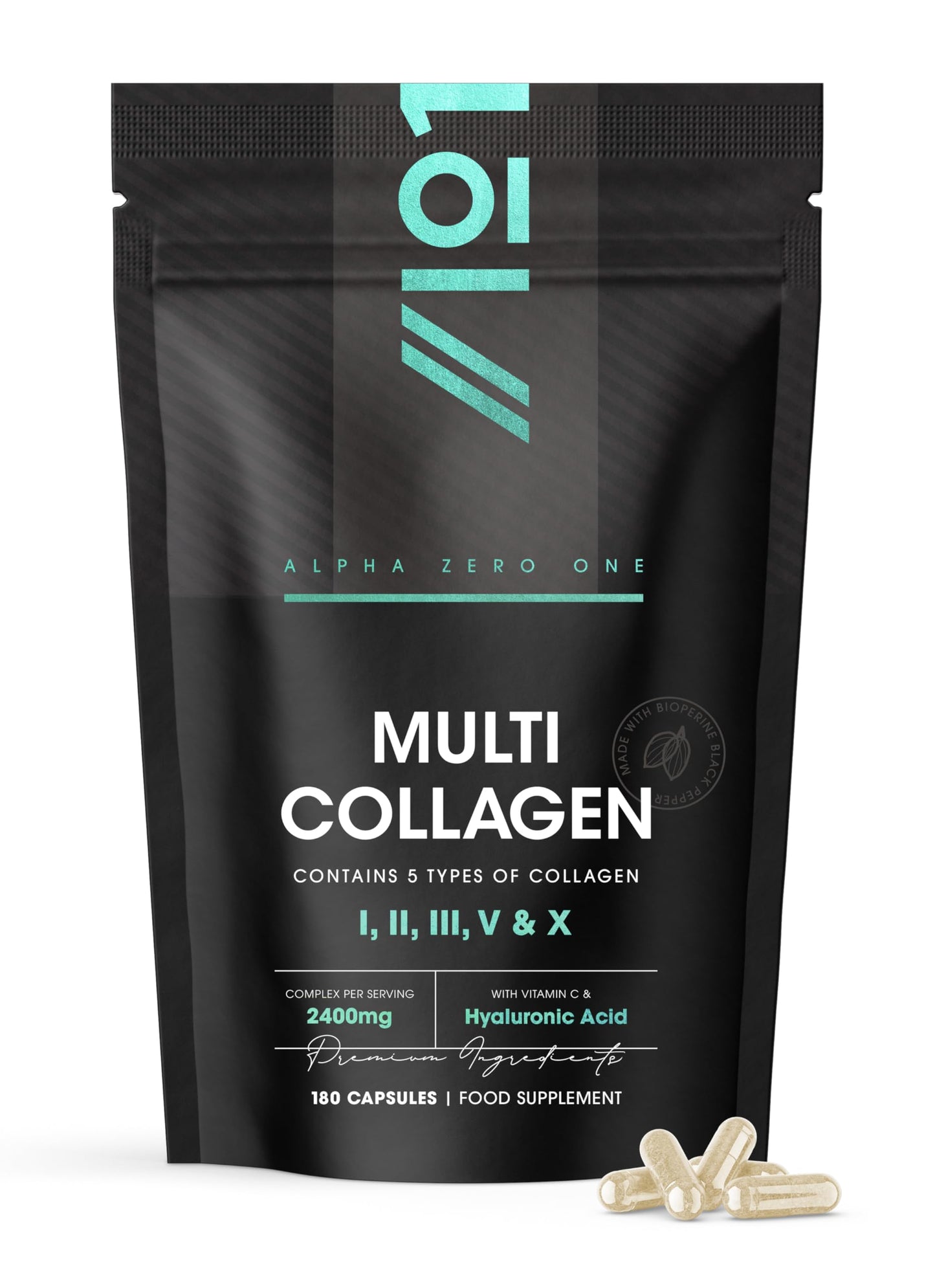 Revive Naturals Multi Collagen 2400mg – Types I, II, III, V & X – 180 Capsules – Wild Caught Marine, Grass Fed Bovine, Eggshell & Free-Range Chicken Collagen Powder, with Hyaluronic Acid & Vitamin C – by Alpha01