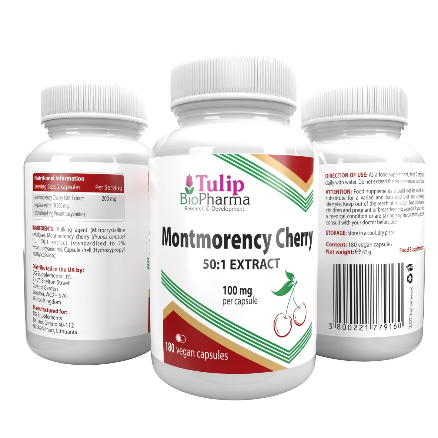 Tulip BioPharma Montmorency Cherry 5,000mg Equivalent | 180 Vegan Capsules | 3-Month Supply | 50:1 Tart Cherry Extract, No Sugar | 3rd Party Lab Tested