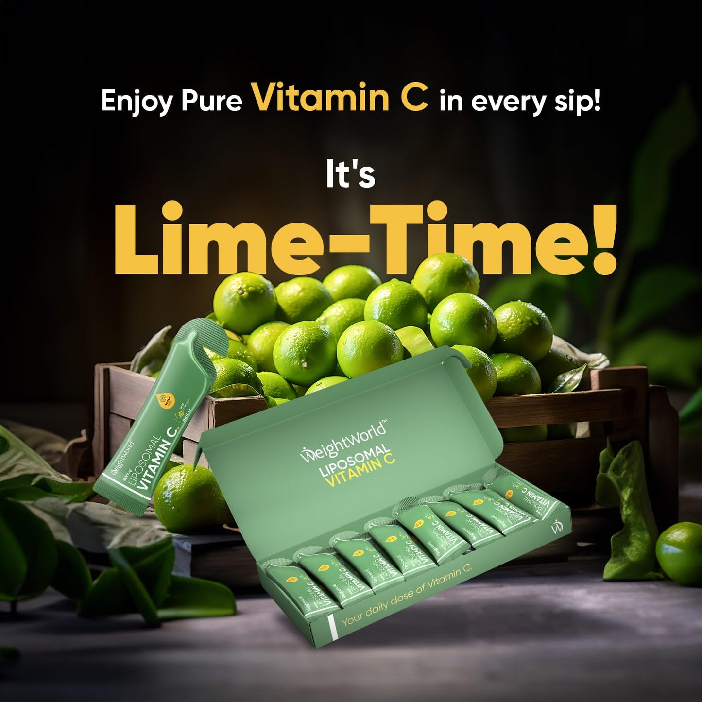 WeightWorld Liposomal Vegan Vitamin C Liquid Sachets - 1000mg Natural Lime Flavour 14 Liquid Sachets - 5ml Per Sachet (Not Vitamin C Effervescent) Sugar-Free, & High Strength - Highly Bioavailable Vitamin C