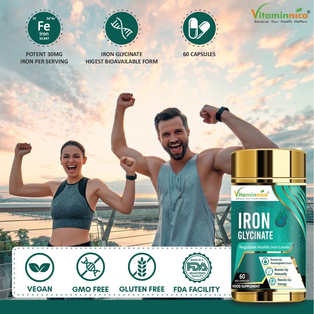 Vitaminnica Because your Health Matters Vitaminnica Iron Glycinate with Vitamin C | Pack of 60 Capsules | Healthy Iron Level for Men & Women