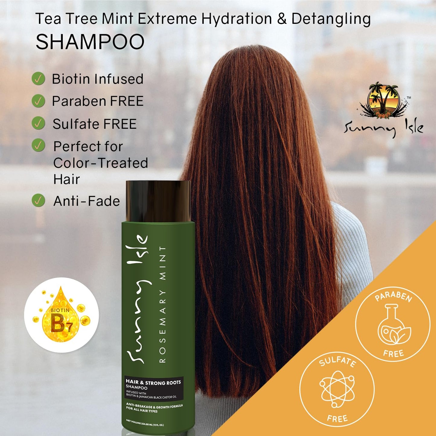 Sunny Isle Rosemary Mint Hair & Strong Roots Shampoo 12oz, Anti-Breakage Formula, Infused with Biotin and Jamaican Black Castor Oil, All Hair Types